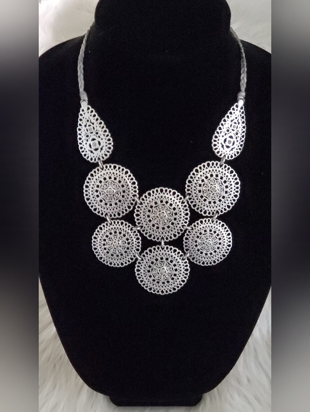 Stella & Dot Medina Bib Necklace Silver Filigree Medallion Crystal Statement